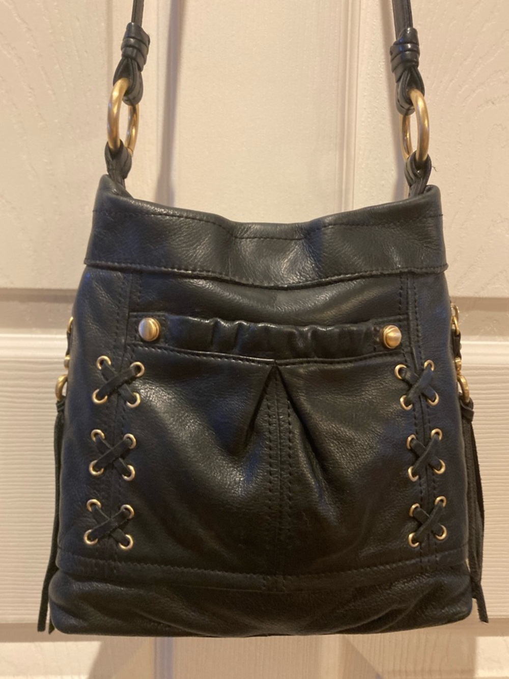 Rebecca Minkoff Black Fringe Leather Shoulder Bag Gold Detail Festival Crossbody